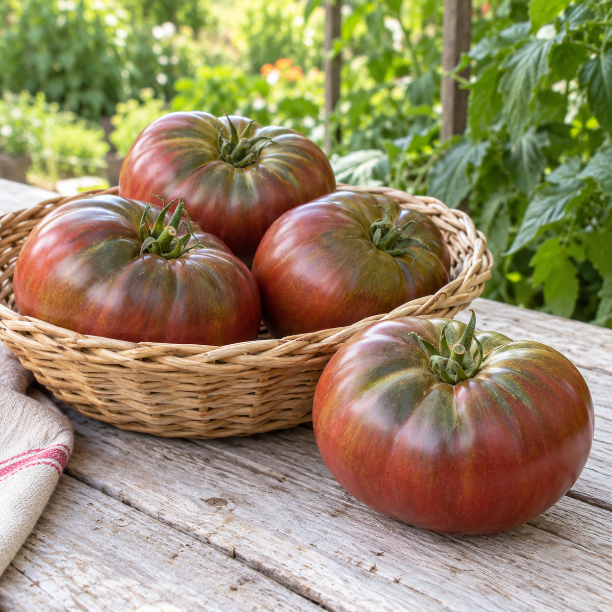 Ripe Black Krim heirloom tomatoes growing on a healthy tomato vine