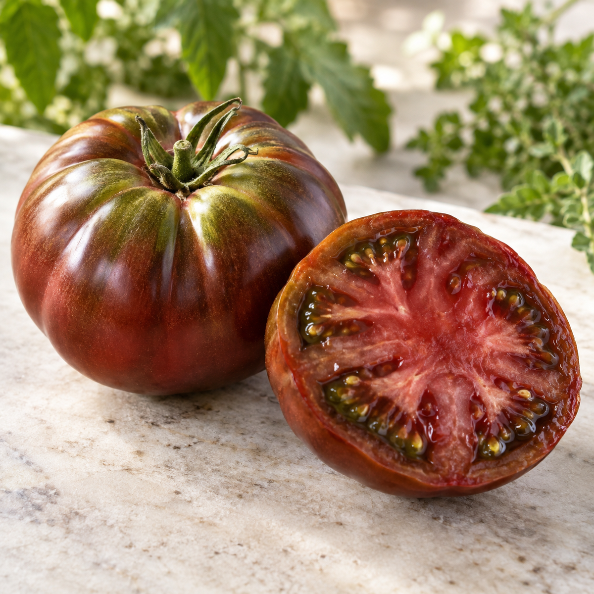 Whole and sliced Black Krim tomato showing juicy dark crimson flesh