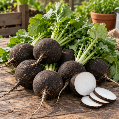Freshly harvested Black Spanish round radishes with white centers