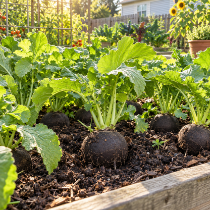 Black Spanish radishes growing in a sunny raised garden bed