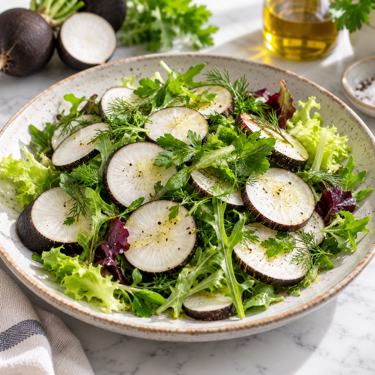 Fresh Black Spanish radish salad with sliced radishes and leafy greens