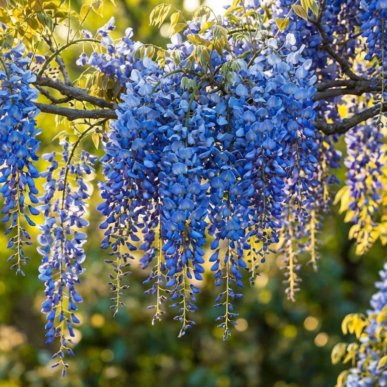 Blue wisteria flowers hanging from a tree with a blurred green background