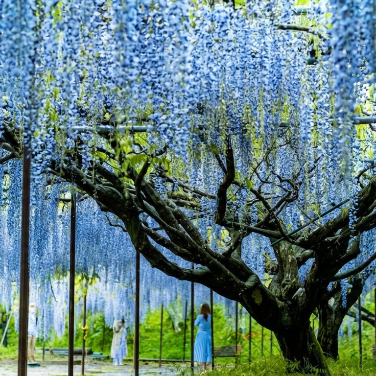 Large wisteria tree with blue flowers in a park setting