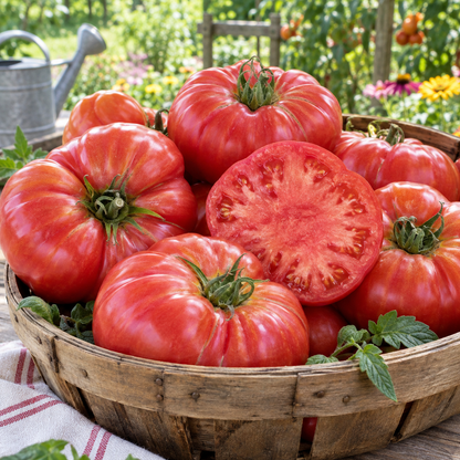 Brandywine Red heirloom tomatoes ripening on a healthy garden plant