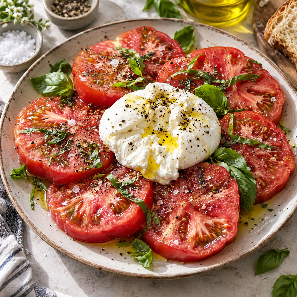 Brandywine Red heirloom tomato and burrata salad with fresh basil