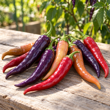 Buena Mulata hot pepper plant bearing upright purple, peach and red peppers