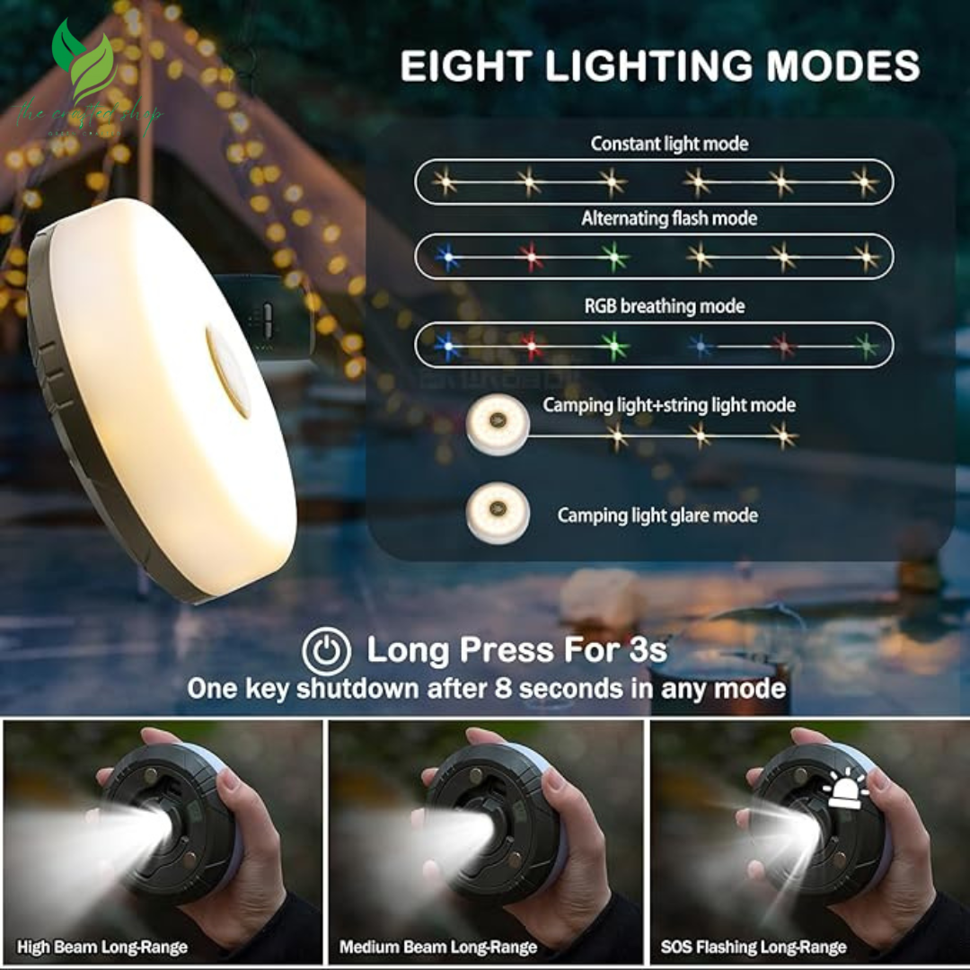 Camping String Lights, 4 in 1 Outdoor Camping Lantern with 8 Lighting Modes Waterproof, Type-C Fast Charging, Portable Camping Lights for Camping/Yard/Hiking