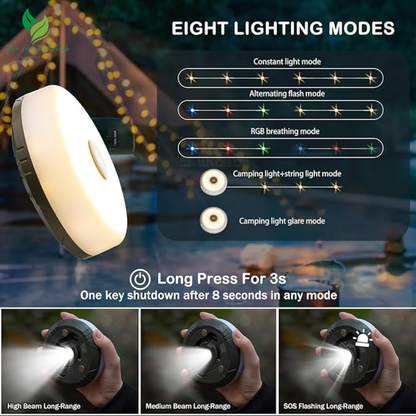 Camping String Lights, 4 in 1 Outdoor Camping Lantern with 8 Lighting Modes Waterproof, Type-C Fast Charging, Portable Camping Lights for Camping/Yard/Hiking