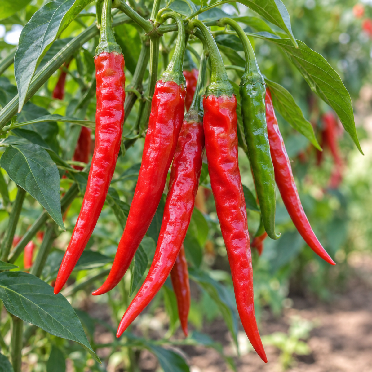 Cayenne Long Slim hot pepper plant loaded with long red and green peppers in a sunny garden