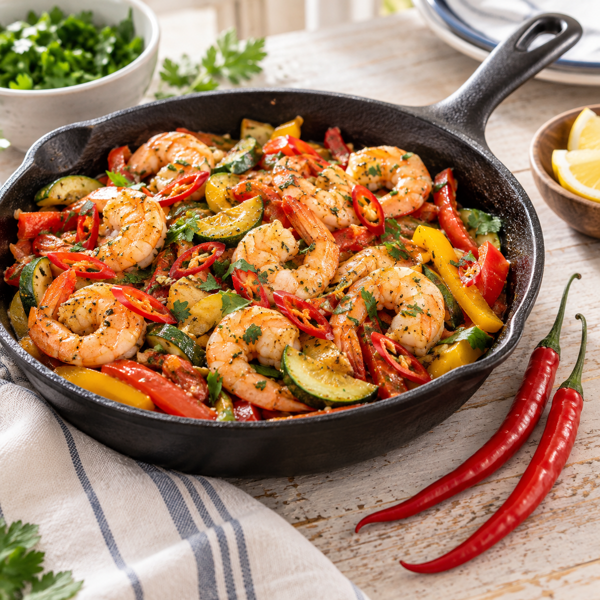 Spicy shrimp and vegetable skillet prepared with fresh Cayenne Long Slim peppers