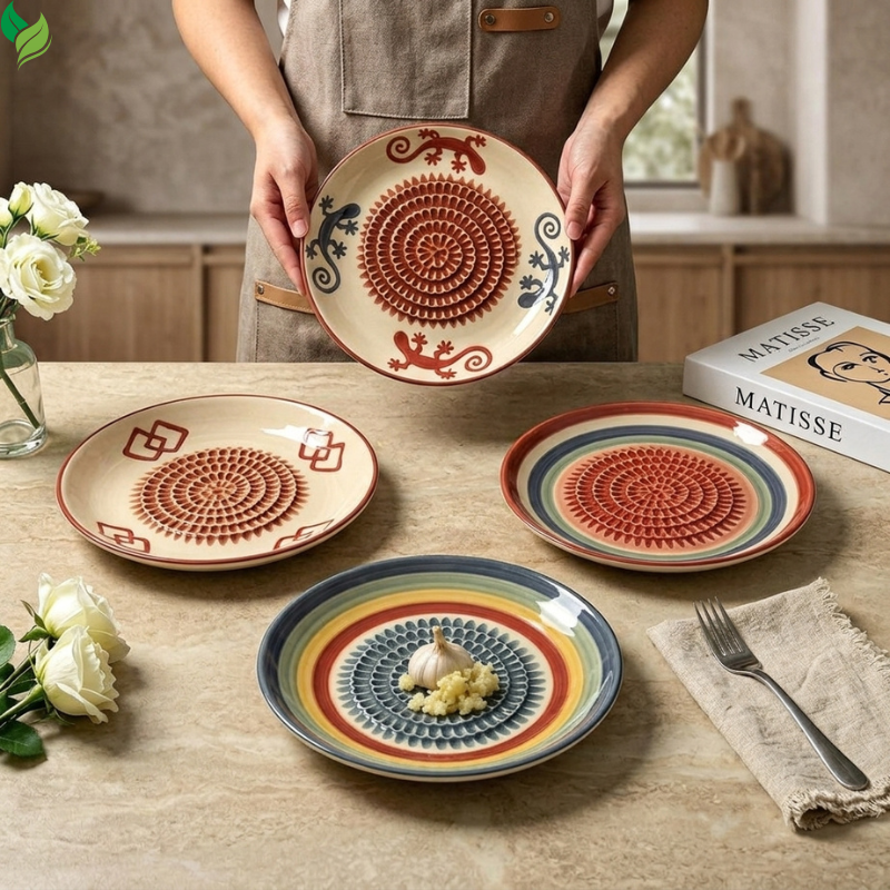 Round ceramic grater plate viewed from above with textured center