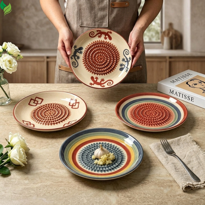Round ceramic grater plate viewed from above with textured center