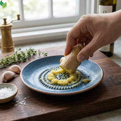 Ceramic ginger grater plate with raised grinding surface on a white background
