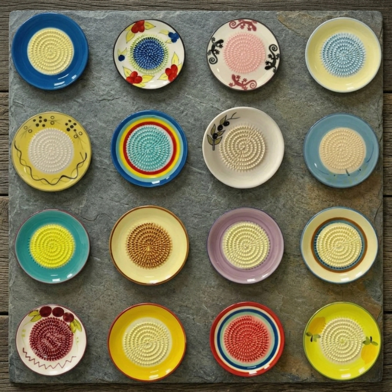 Pale yellow ceramic ginger grater plate with blue textured center