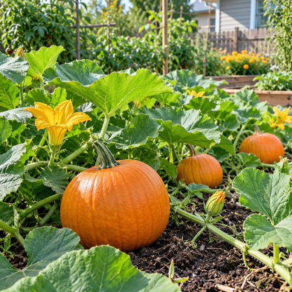 Ripe Sugar Pie pumpkins displayed in a sunny garden setting