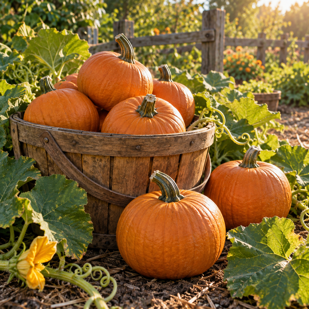 Freshly harvested Sugar Pie pumpkins arranged in a rustic wooden basket