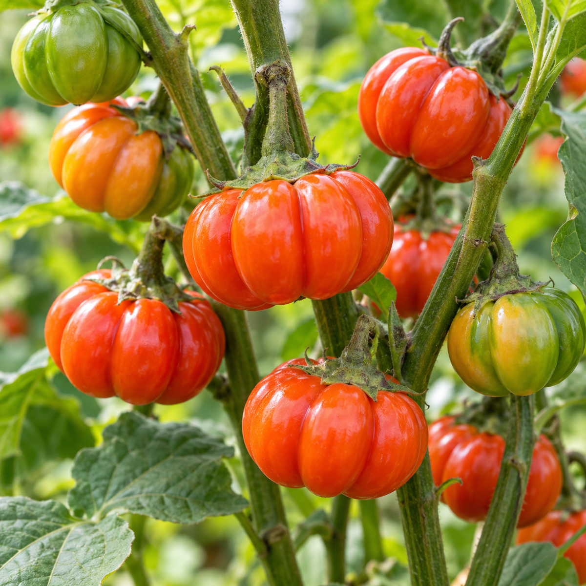Close-up of orange Pumpkin on a Stick ornamental eggplants ripening on upright stems