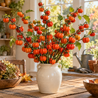 Pumpkin on a Stick ornamental eggplant branches displayed as an autumn centerpiece