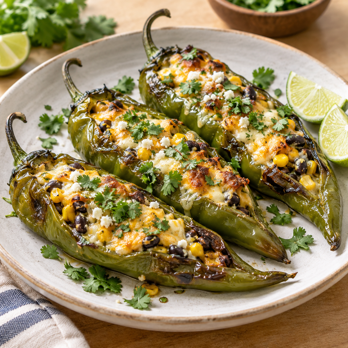 Roasted Anaheim chili peppers stuffed with cheese, corn and black beans