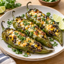 Roasted Anaheim chili peppers stuffed with cheese, corn and black beans