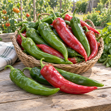 Green and red Anaheim chili peppers growing on a healthy garden plant