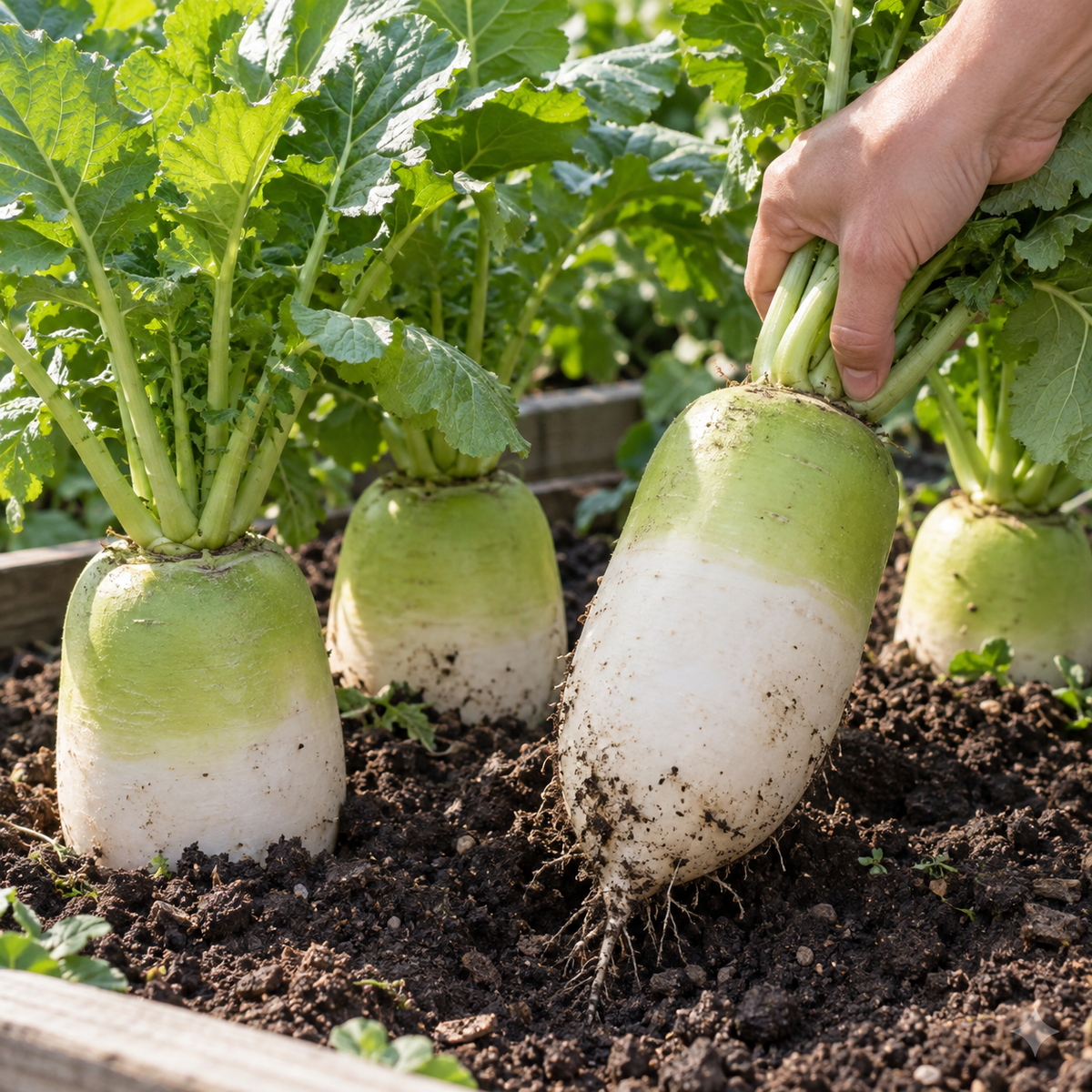 Cheong Du Hybrid Korean radishes with stout green shoulders and white roots growing in a raised garden bed