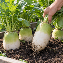 Cheong Du Hybrid Korean radishes with stout green shoulders and white roots growing in a raised garden bed