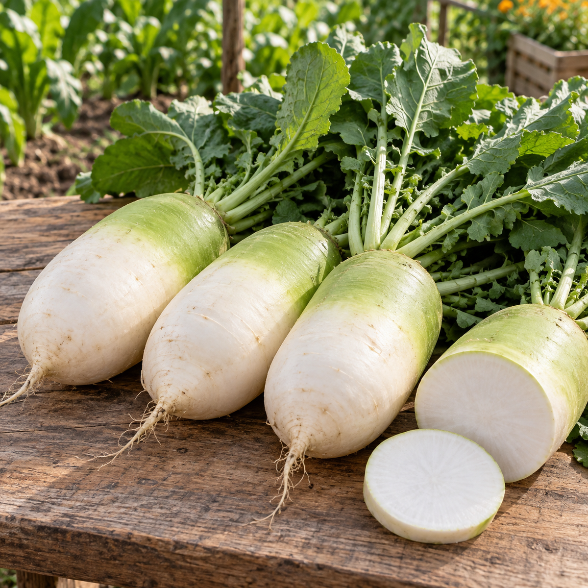 Freshly harvested Cheong Du Hybrid Korean radishes with pale green shoulders and white flesh on a wooden table