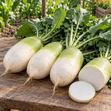 Freshly harvested Cheong Du Hybrid Korean radishes with pale green shoulders and white flesh on a wooden table