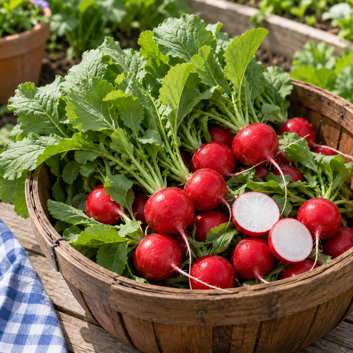 Cherry Belle radishes growing in rich garden soil