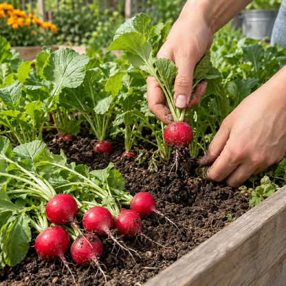 Freshly harvested Cherry Belle radishes in a wooden basket