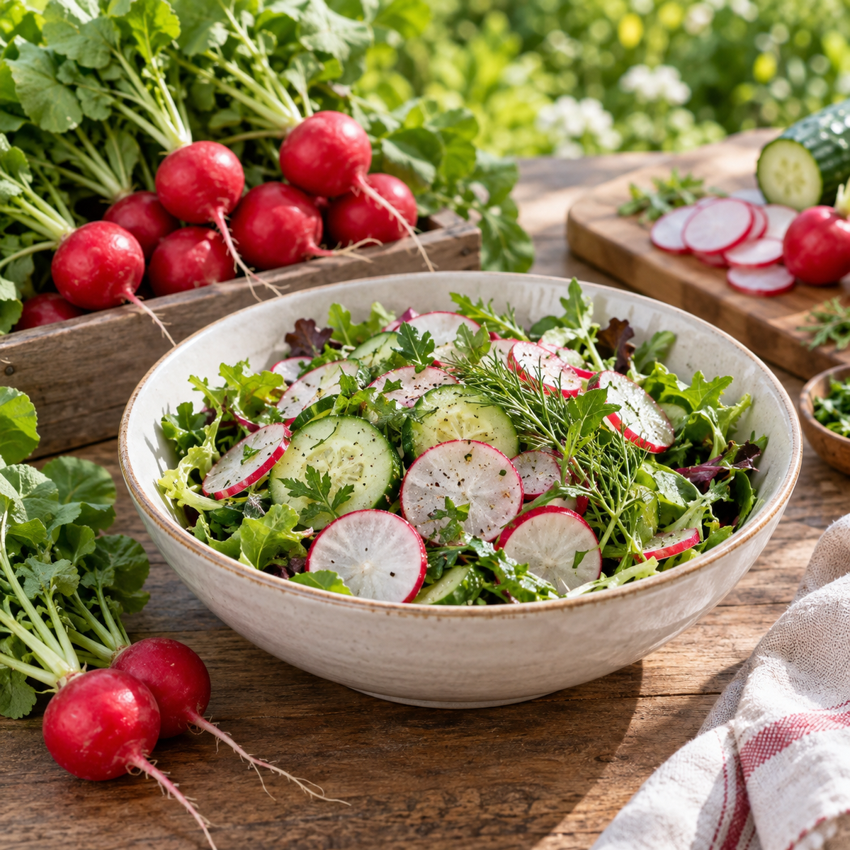 Fresh Cherry Belle radish and cucumber garden salad