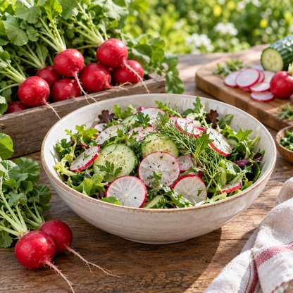 Fresh Cherry Belle radish and cucumber garden salad