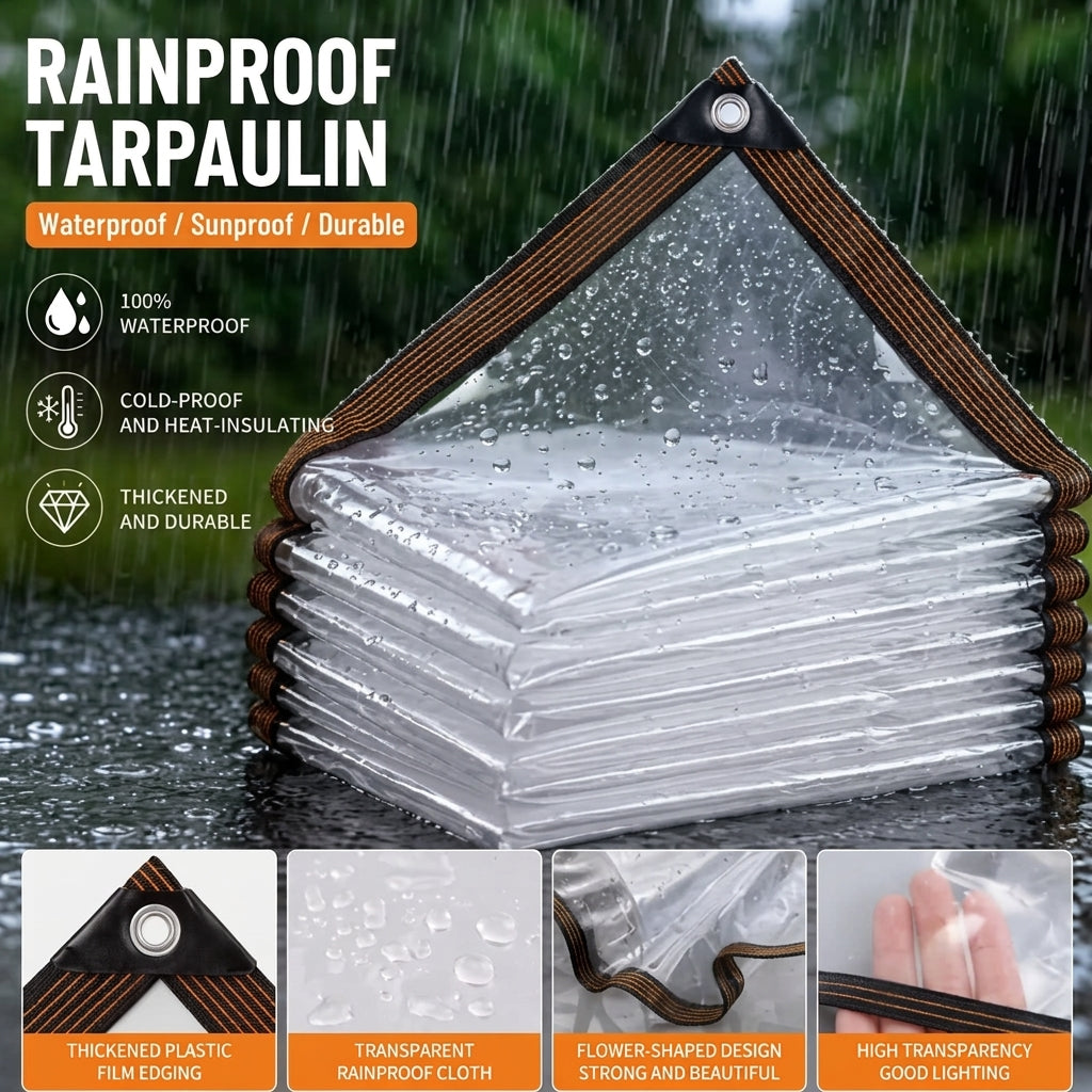 Clear waterproof tarp covering stacked outdoor cushions, with close-ups of reinforced corners and transparent material.