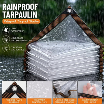 Clear waterproof tarp covering stacked outdoor cushions, with close-ups of reinforced corners and transparent material.