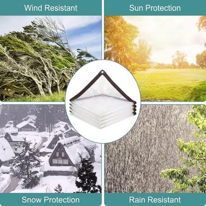 Clear tarp illustration showing outdoor use in rainy, sunny, snowy, and windy conditions.