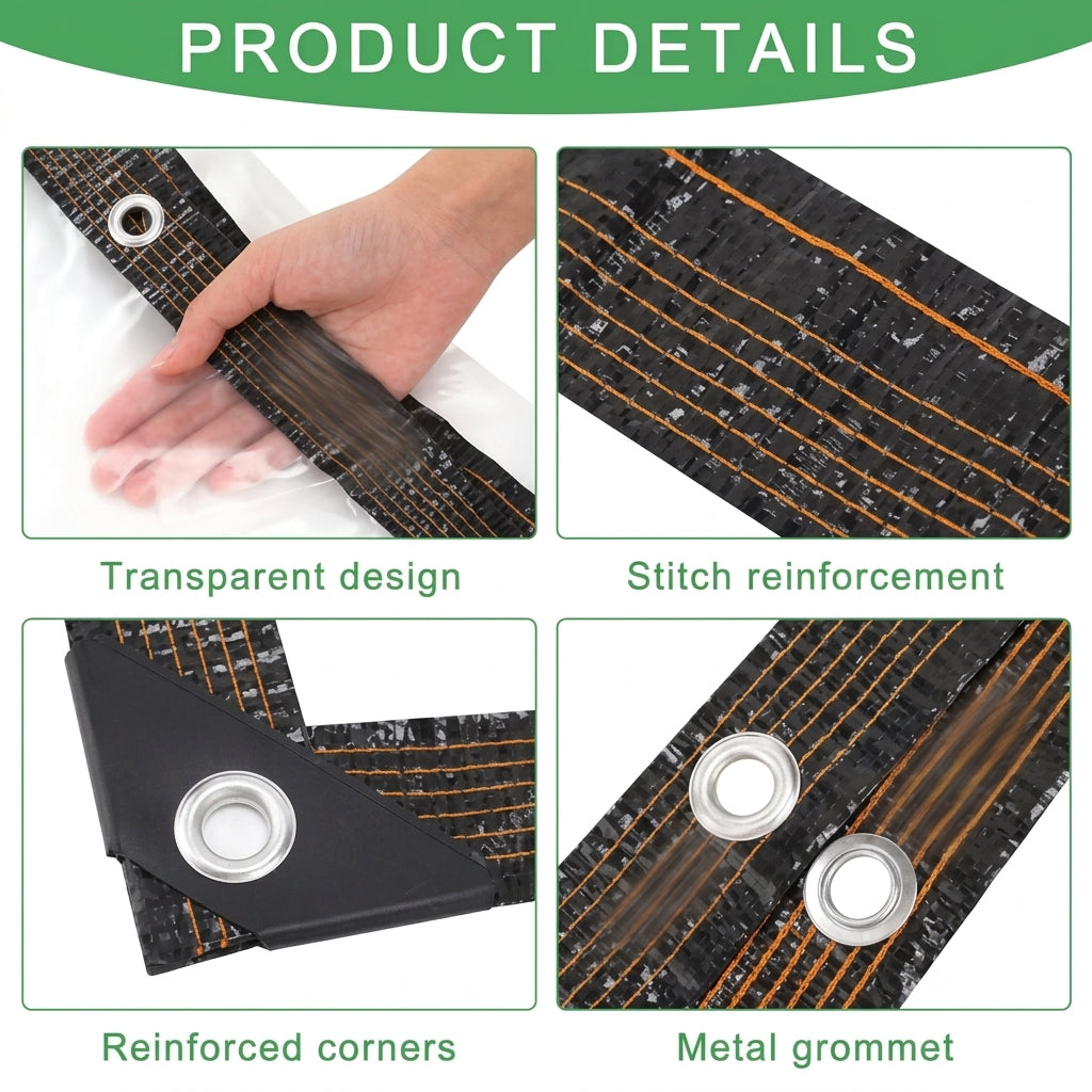 Clear PE tarp details showing transparent material, reinforced edges, corner patches, and metal grommets.