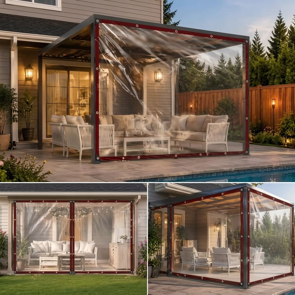 Transparent tarp panels enclosing covered patios and porches while keeping the garden visible.