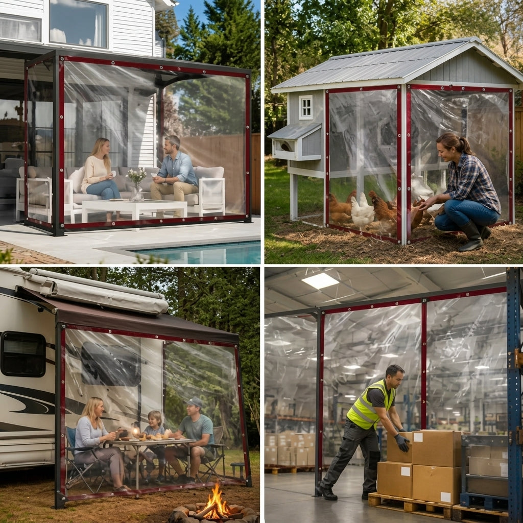 Clear PE tarps installed around outdoor patios and garden structures to create transparent enclosures.