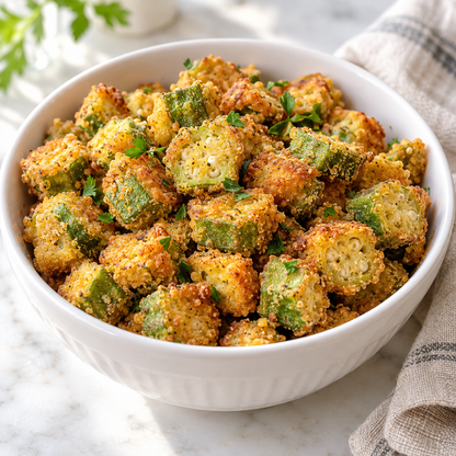 Golden cornmeal-fried okra slices served in a white bowl with fresh parsley garnish.