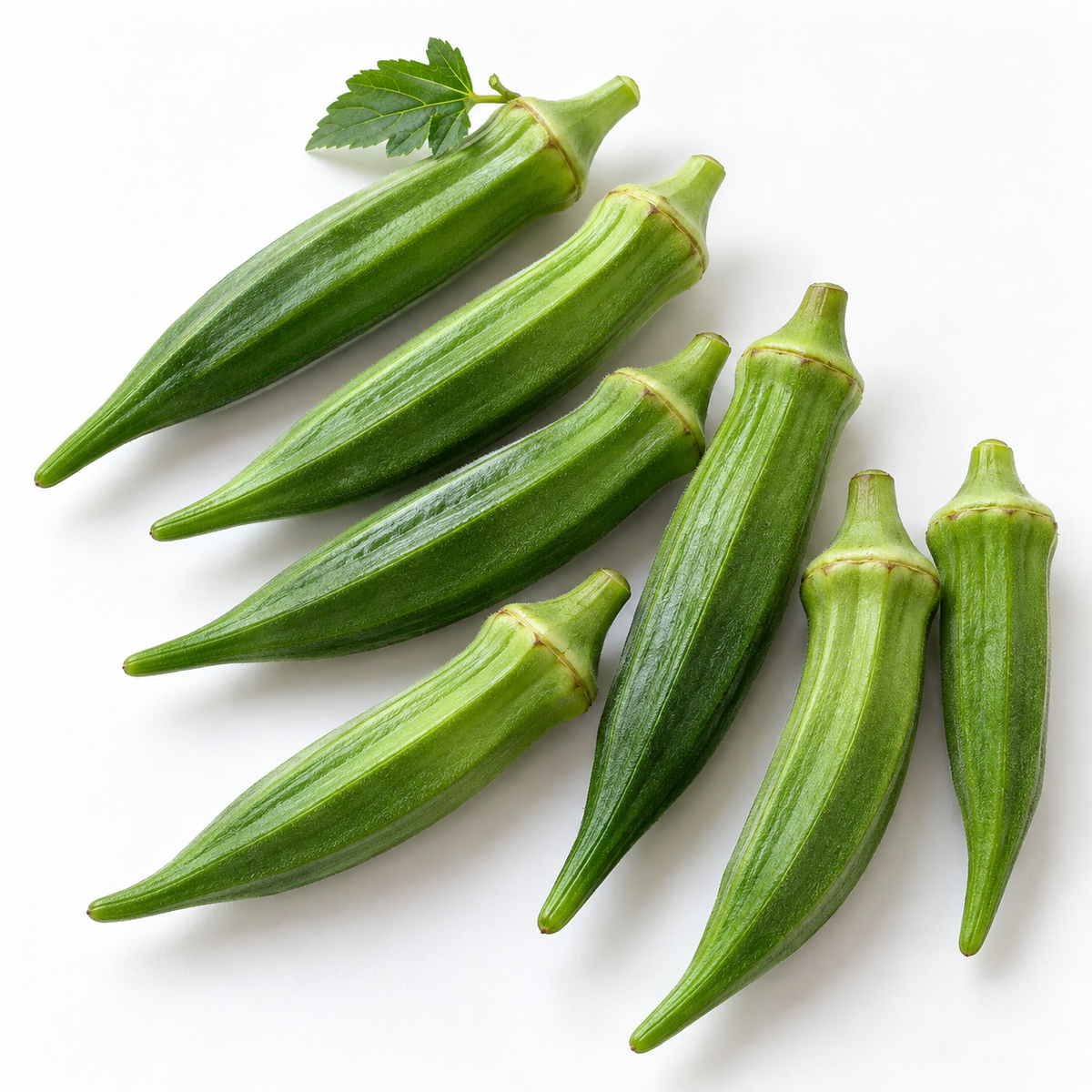 Fresh Clemson Spineless okra pods with tapered tips arranged on a white background.