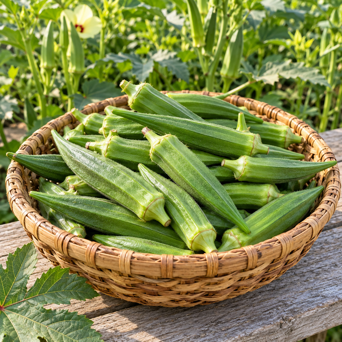 Woven basket filled with freshly harvested Clemson Spineless okra pods beside a vegetable garden.
