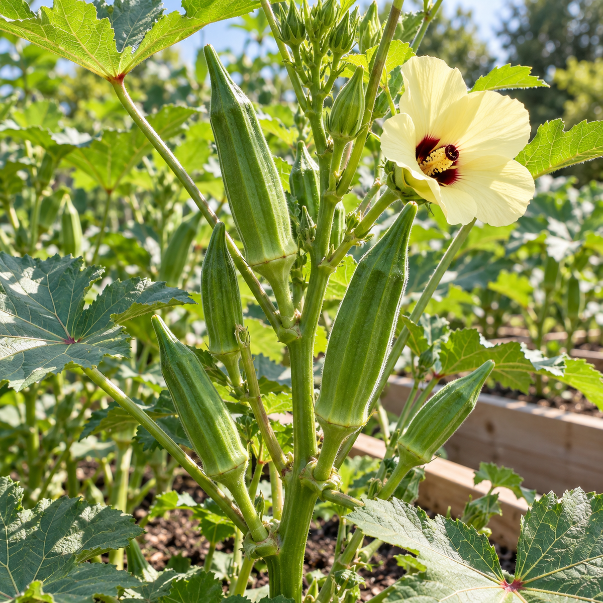 Clemson Spineless okra plant with ridged green pods and a pale yellow flower growing in a raised garden bed.
