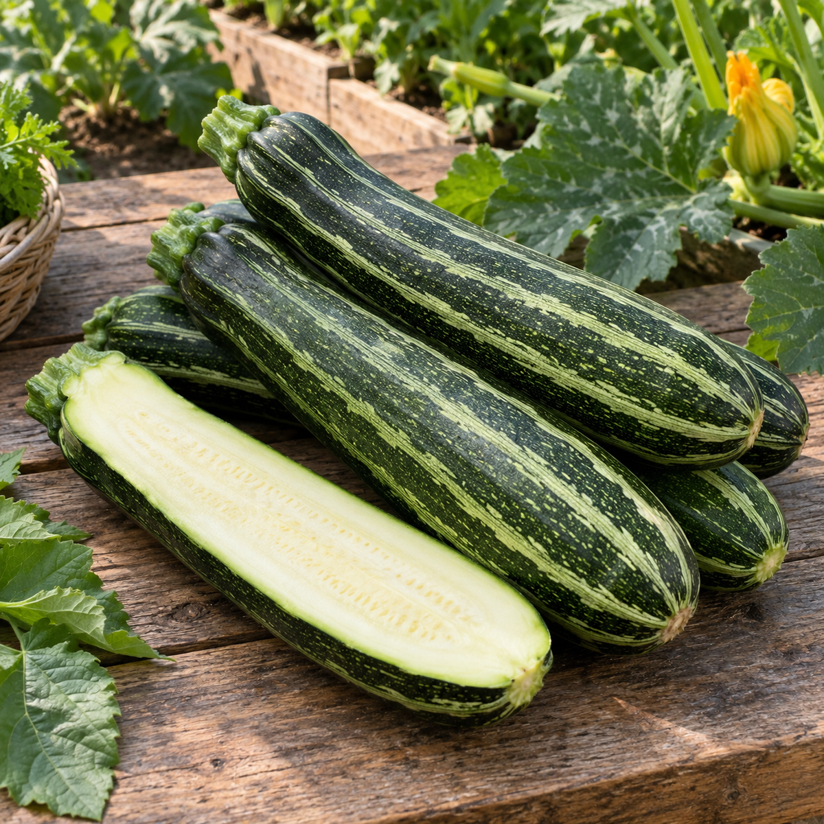 Freshly harvested Cocozelle summer squash zucchini with one fruit cut lengthwise