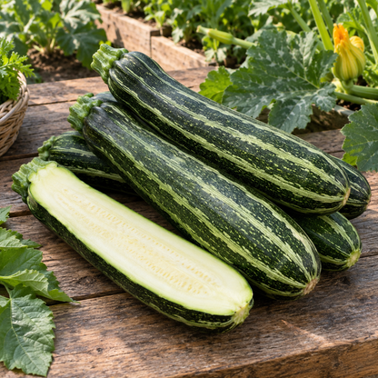 Freshly harvested Cocozelle summer squash zucchini with one fruit cut lengthwise
