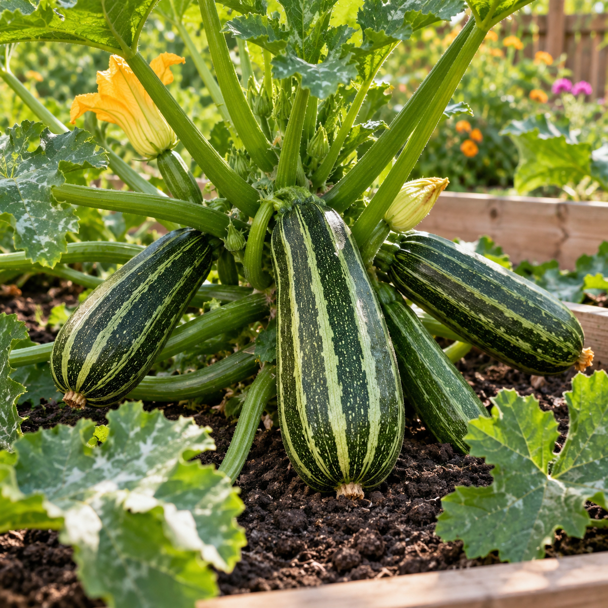 Close-up of harvest-ready Cocozelle zucchini with dark green and pale green stripes