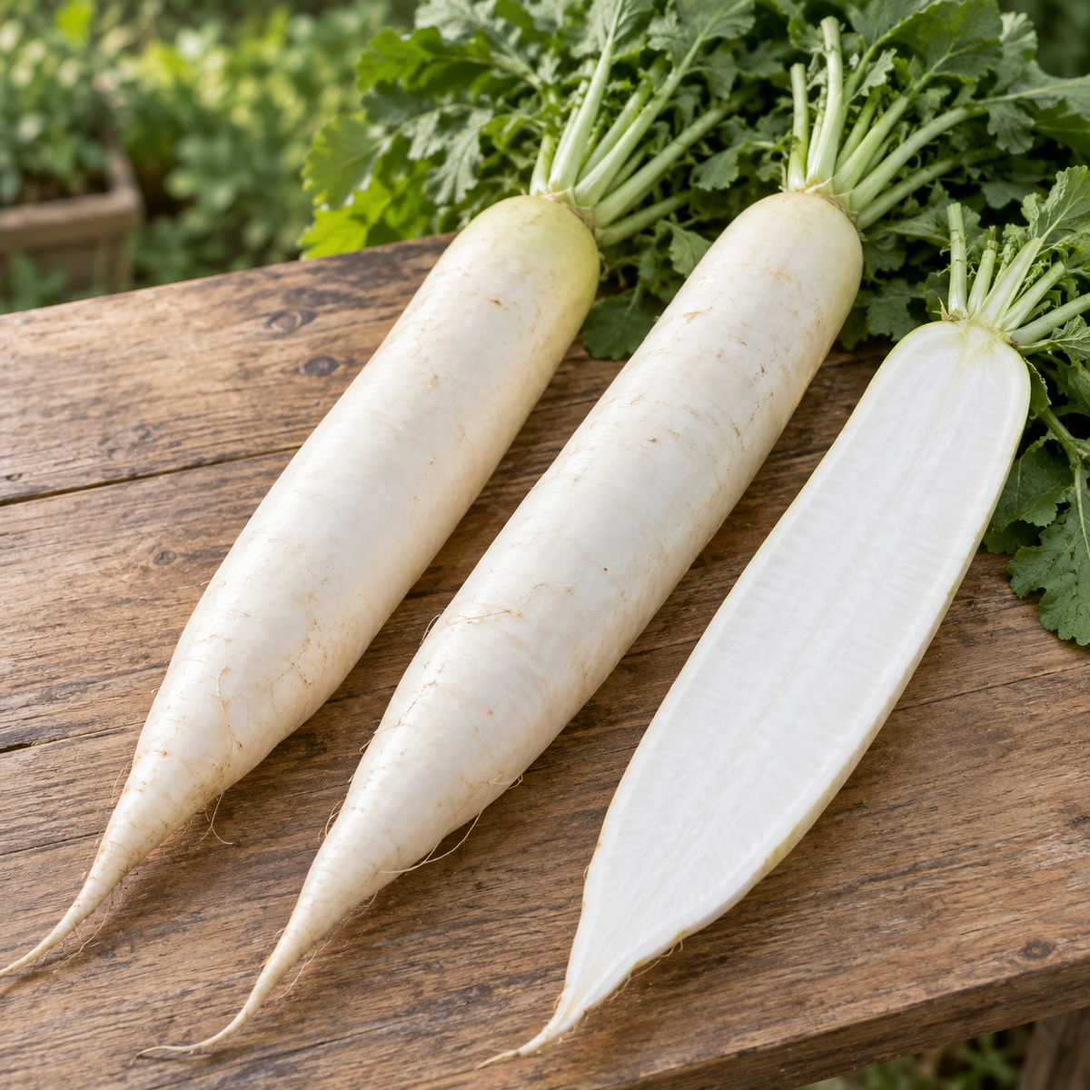 Daikon radishes growing in a raised garden bed
