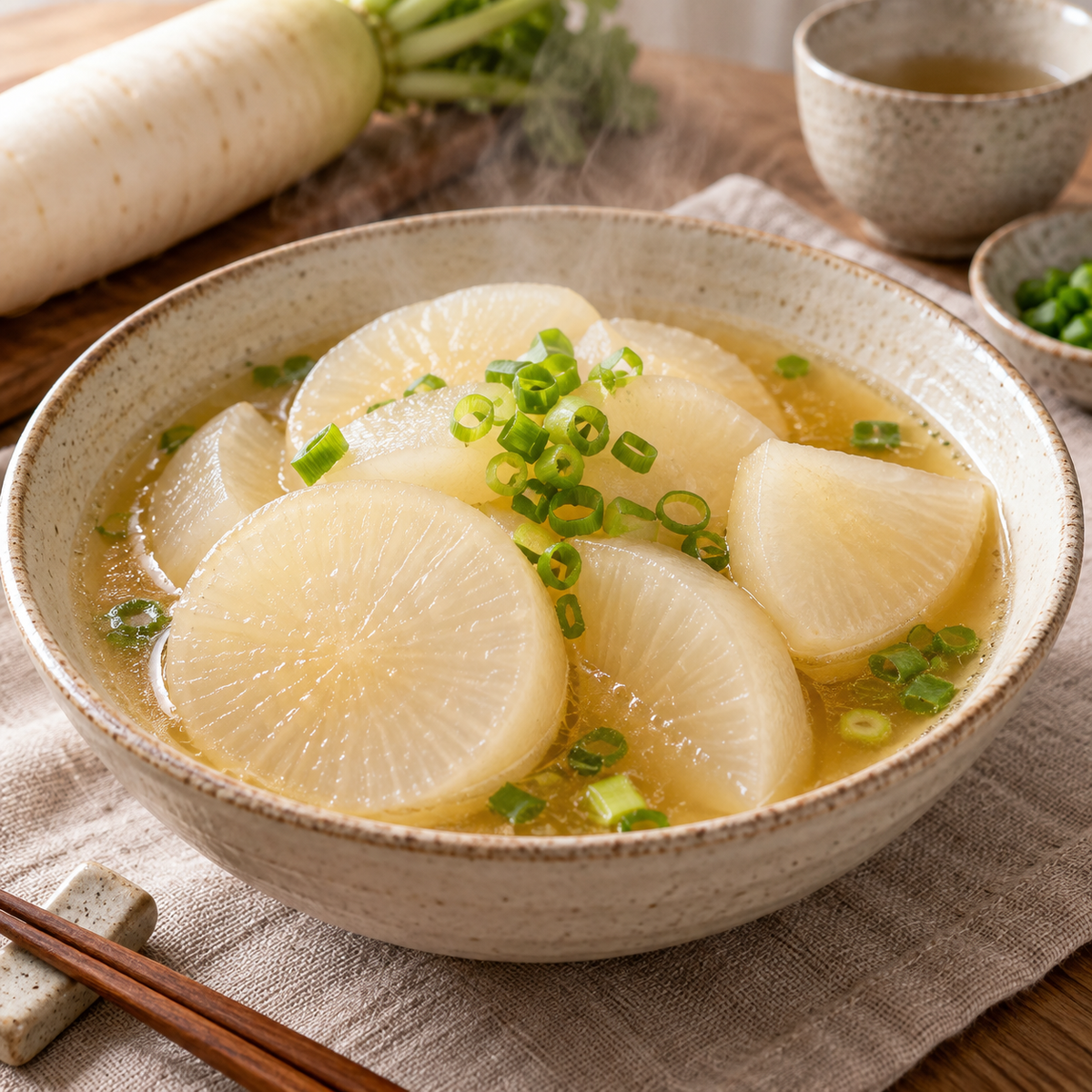 Freshly harvested Japanese white daikon radishes in a basket