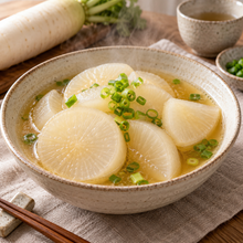 Freshly harvested Japanese white daikon radishes in a basket