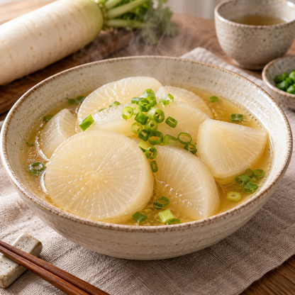 Freshly harvested Japanese white daikon radishes in a basket